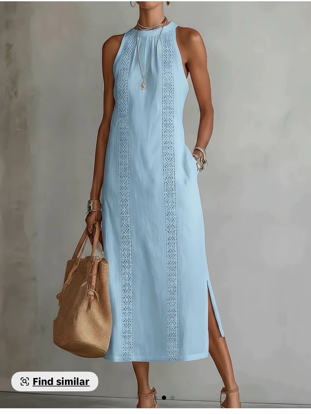 Light Blue Sleeveless Lace-Panel Maxi Dress